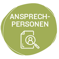 Grünes Element mit weißer Schrift und dem Titel „Ansprechpersonen“ mit einem Symbol einer Lupe, die eine Person zeigt.