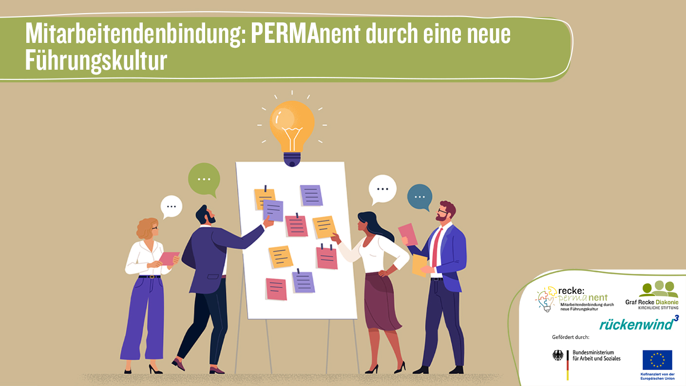 Männlich und weibliche illustrierte Menschen stehen um eine Flipchart und pinnen dort Notizzettel an. Unten rechts sieht man einen weißen Kasten mit den Logos der Graf Recke Diakonie, rückenwind³, Bundesministerium für Arbeit und Soziales. Oben ist ein grüner Kasten wo mit weißer Schrift "Mitarbeitendenbindung: Permanent durch eine neue Führungskultur" steht.
